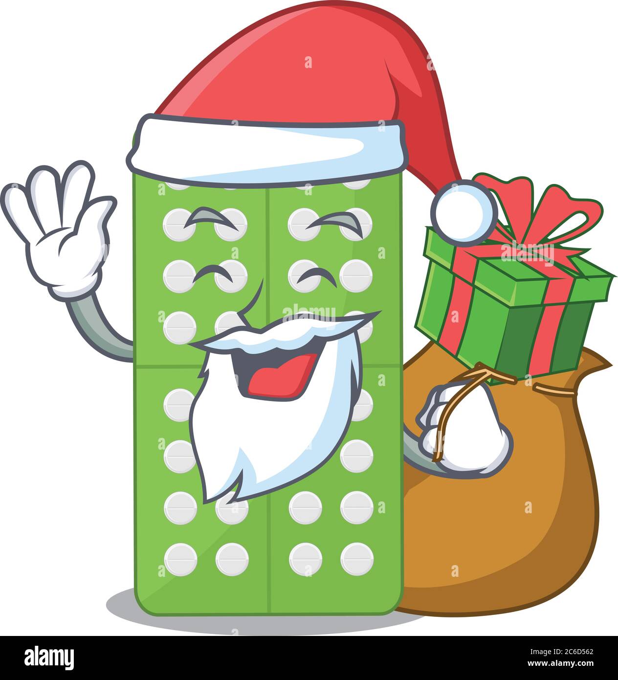 Cartoon design of medicine pills Santa having Christmas gift Stock