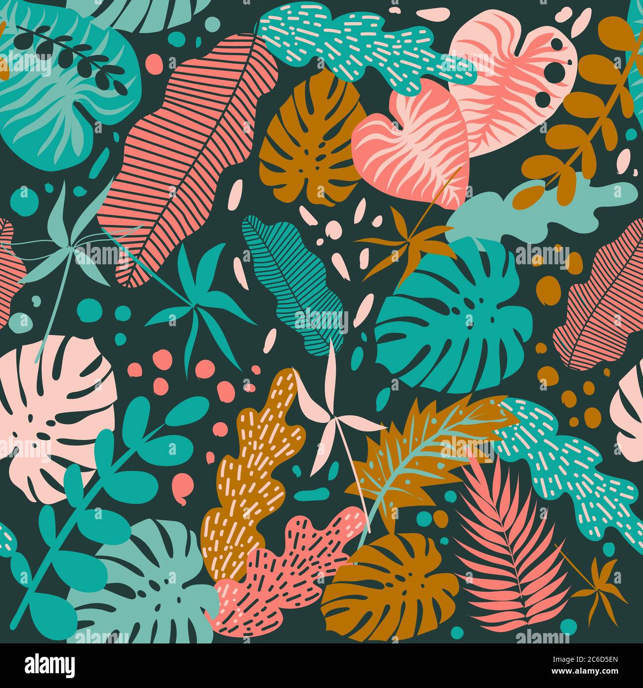 Seamless pattern with tropical leaves of plants. Flat style. Dark  background. Drawn by hands. Illustration on a summer theme Stock Vector  Image & Art - Alamy