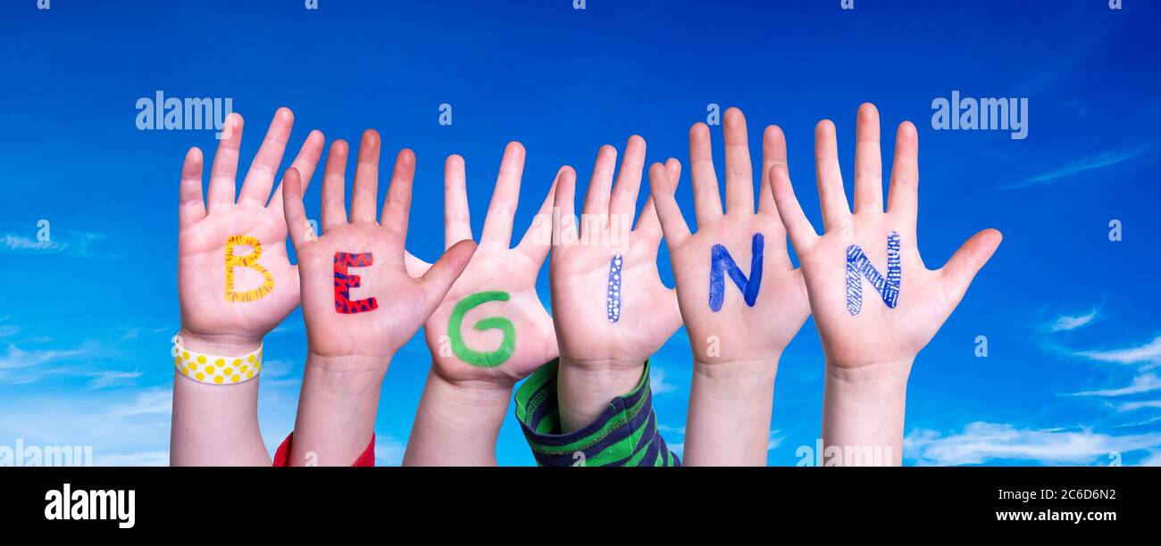 Children Hands Building Word Beginn Mean Beginning, Blue Sky Stock Photo