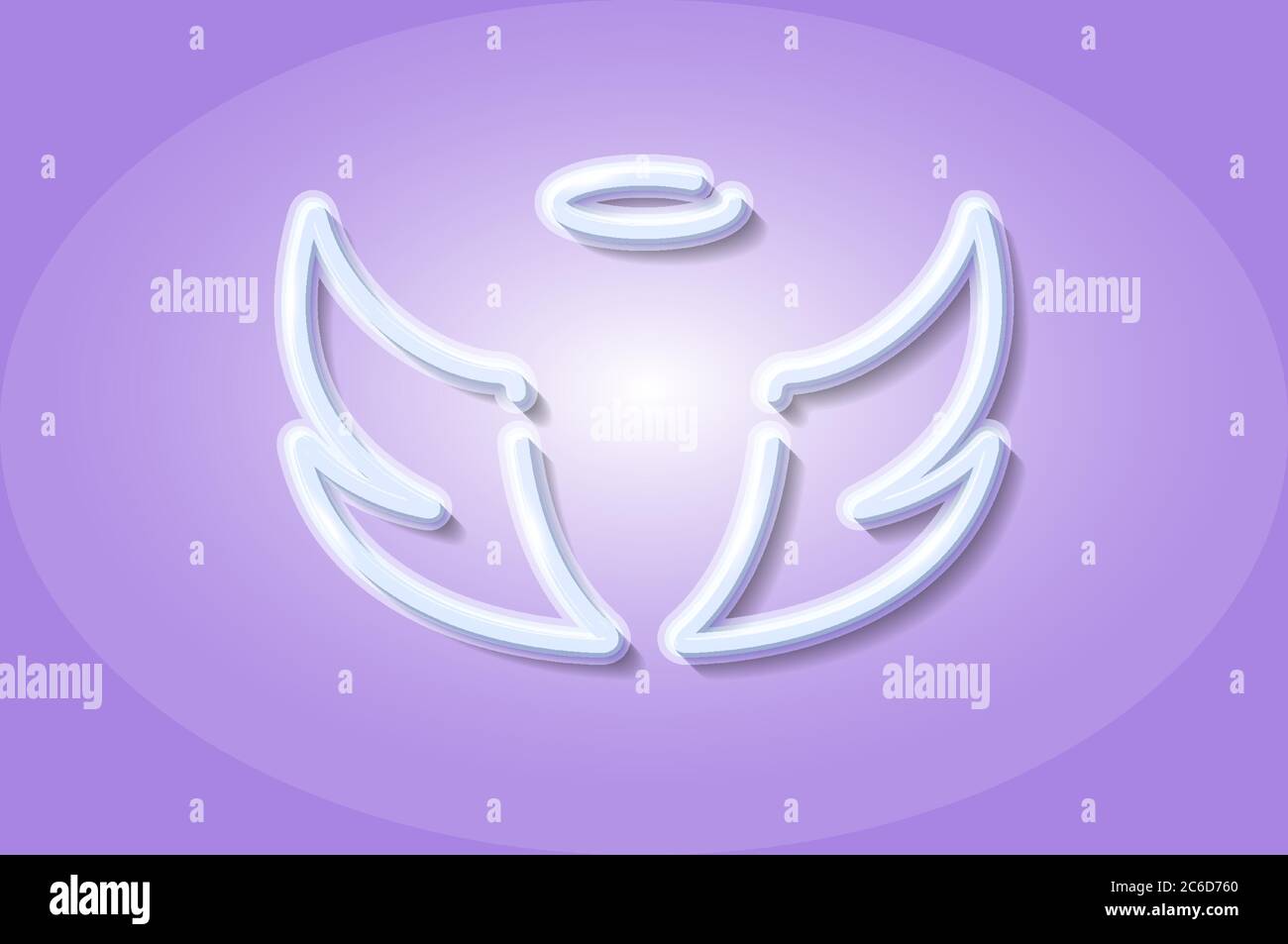 Angel wings and halo glowing 3D symbol, card template. Realistic vector illustration. Lilac background. Stock Vector