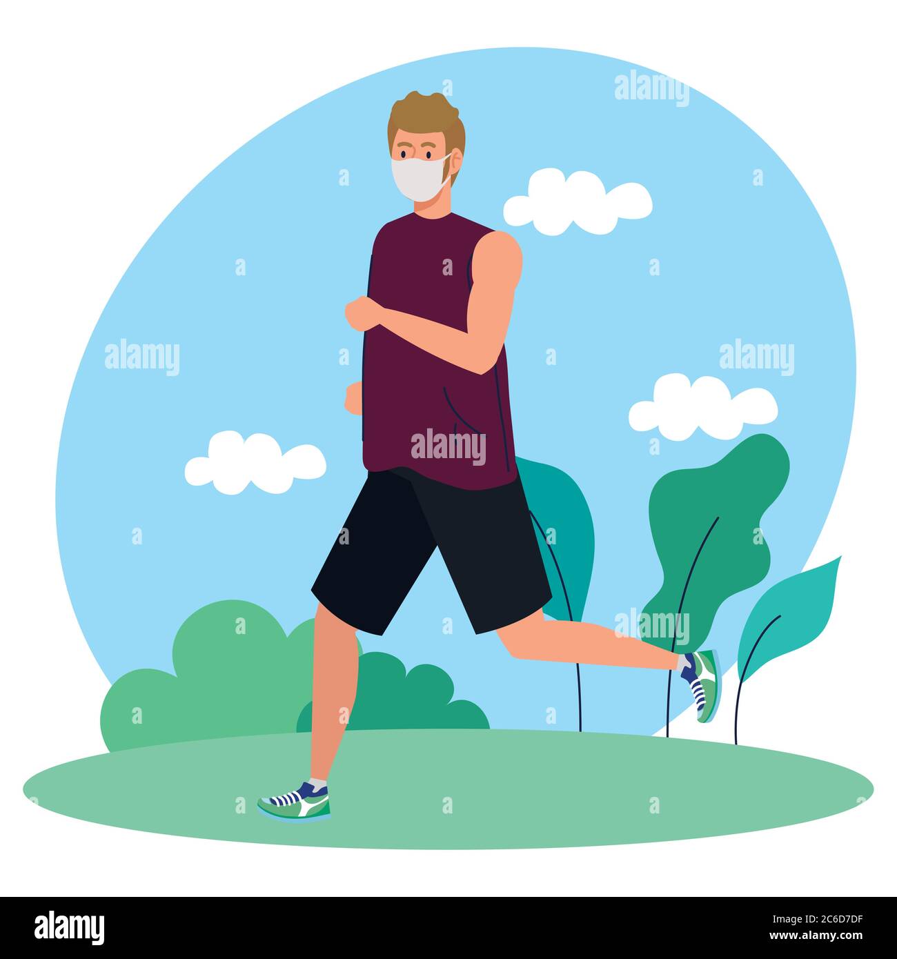 man running using medical protective mask on nature landscape during