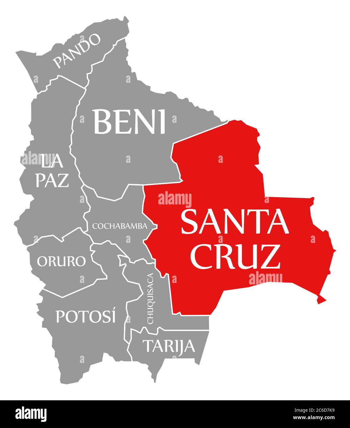 Santa Cruz red highlighted in map of Bolivia Stock Photo