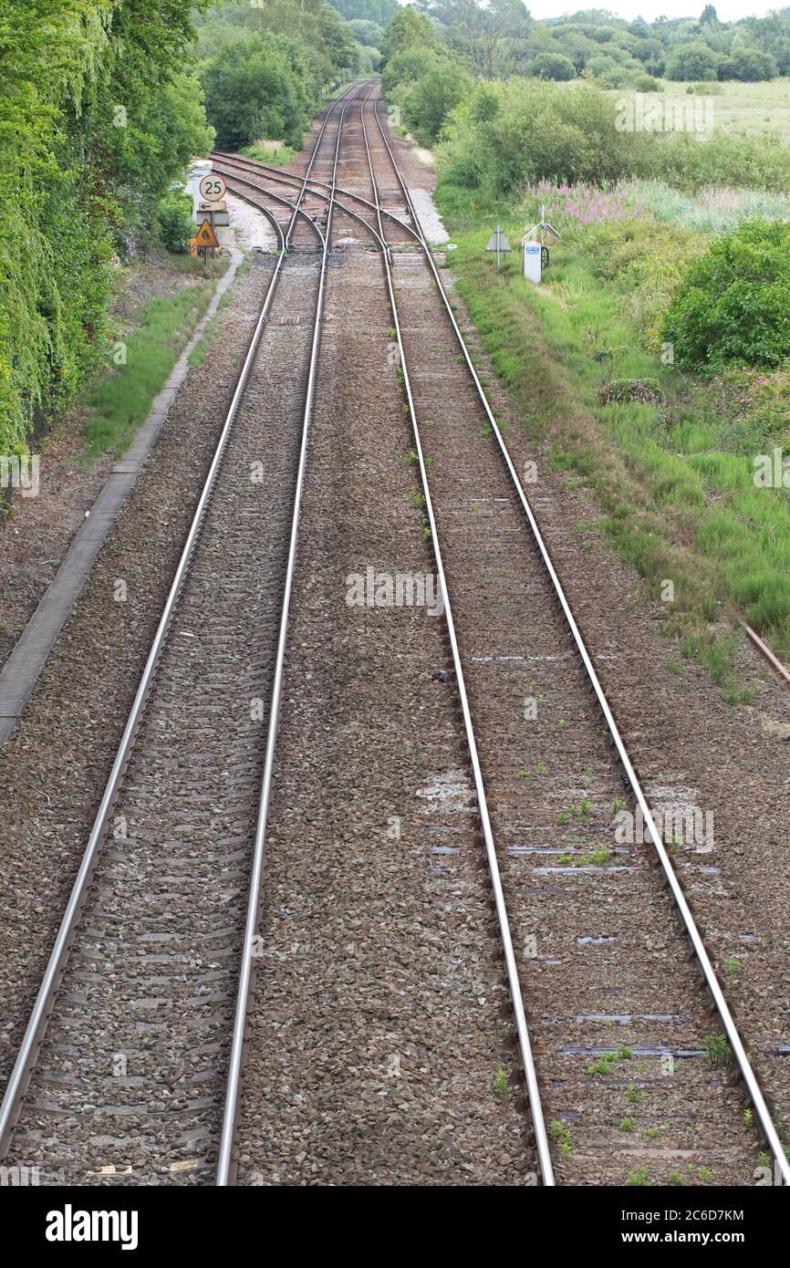 Train railway line tracks with junction points Greater Anglia Bittern Line Norwich Stock Photo