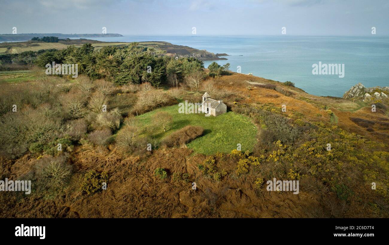 Aerial view of the watch house corps de garde des Daules, on the Pointe des Daules Headland in Cancale (Brittany, north-western France). The building Stock Photo