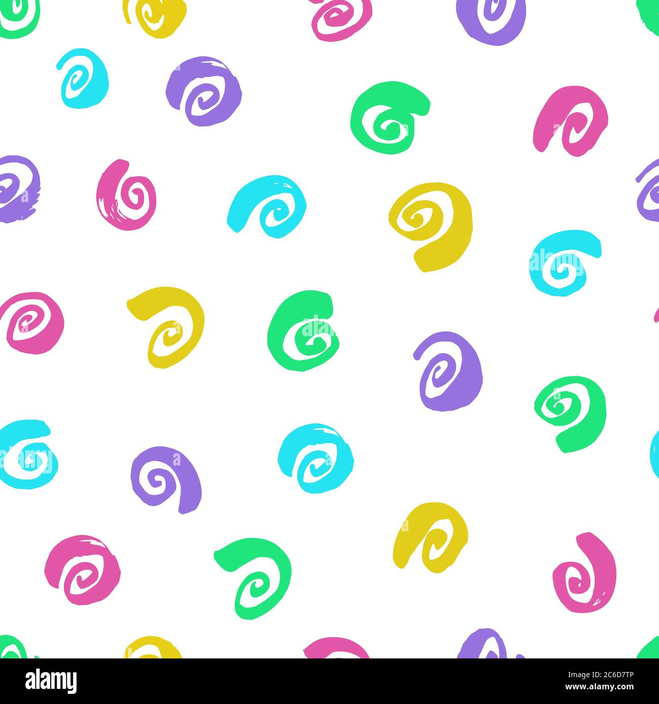 Ink curls. Multi-coloured drawing. Seamless pattern. Hand drawn spirals, snails on a white background Stock Vector