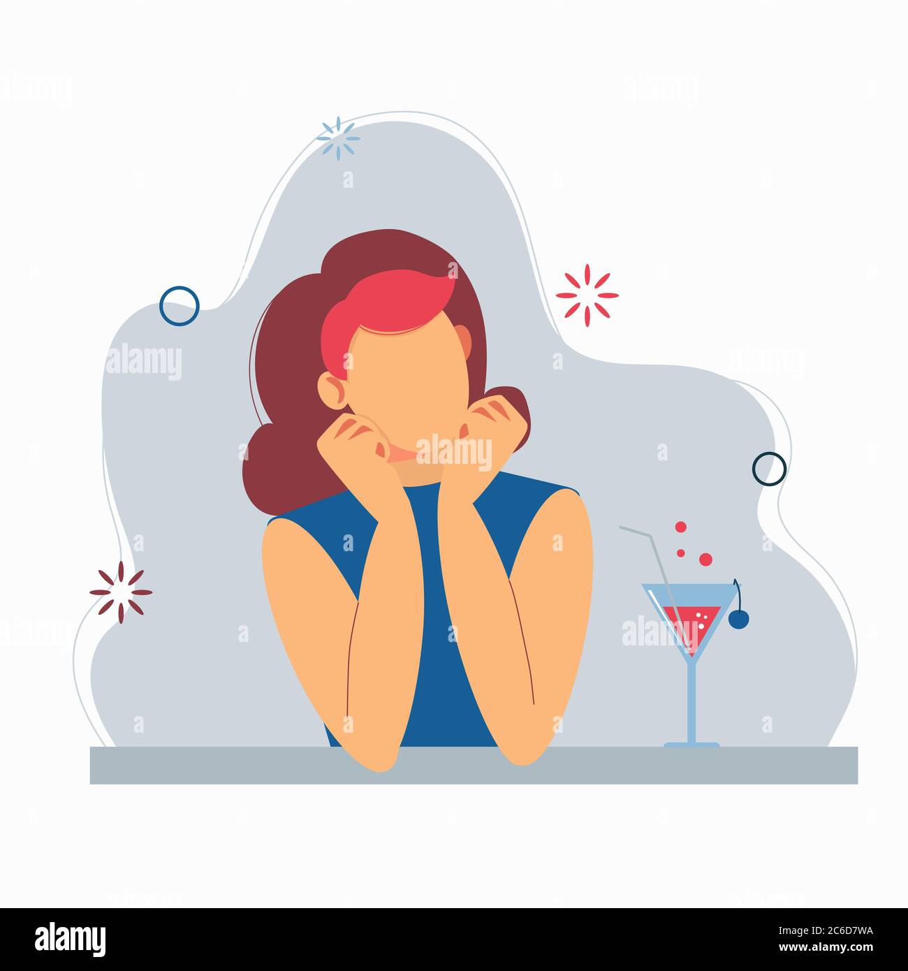 Brunette girl with a cocktail sits at a table or by the window. Flat illustration isolated on white background Stock Vector