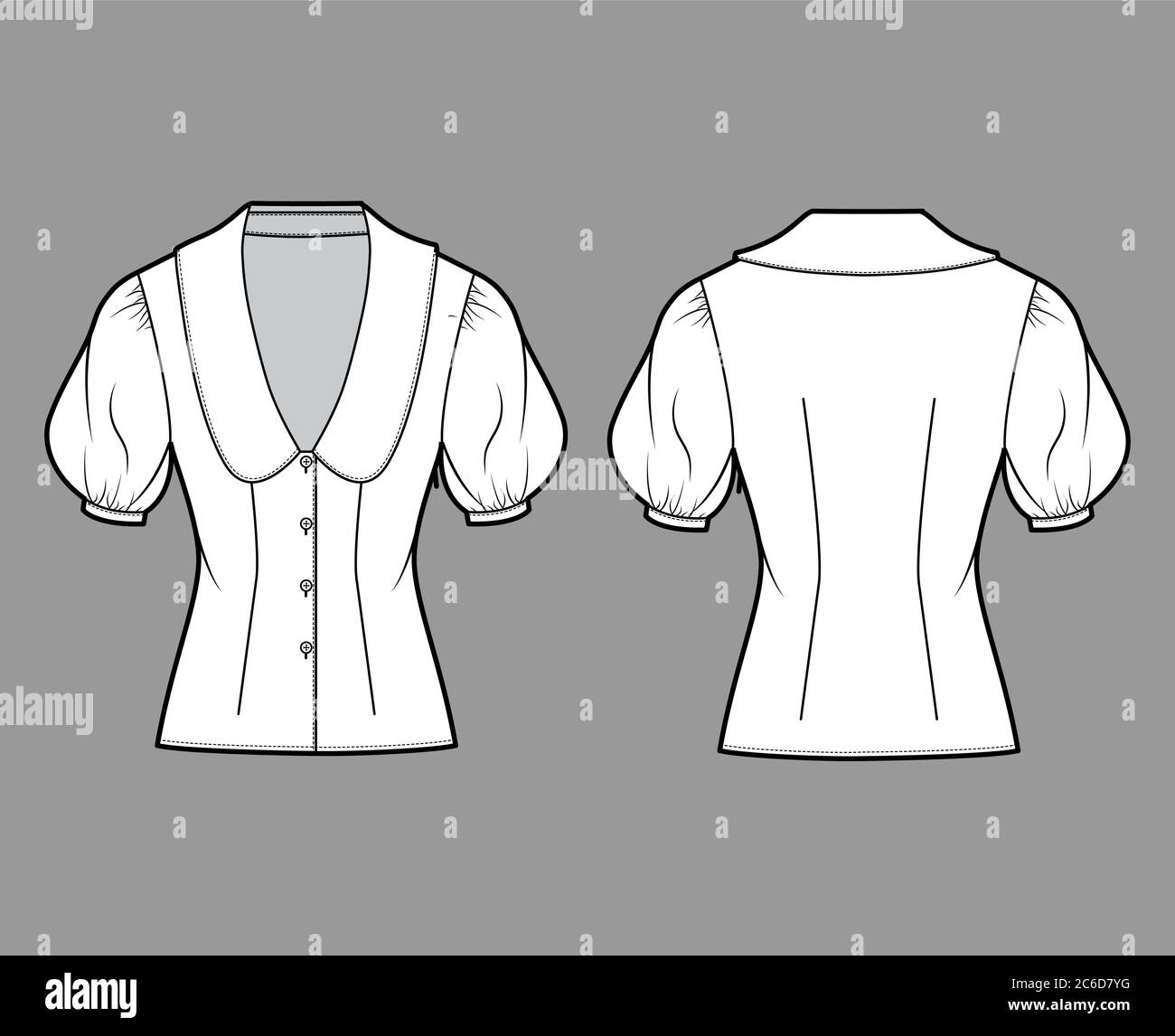 Blouse technical fashion illustration with collar framing the plunging V neck, oversized medium puffed sleeves, fitted body. Flat apparel template front back white color. Women men unisex CAD mockup Stock Vector