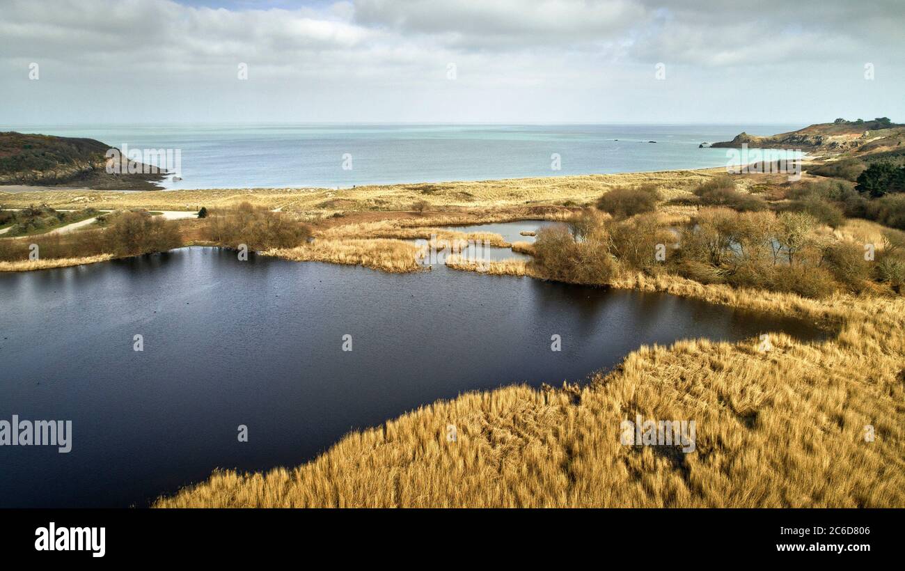 Aerial view of the cove anse du Verger in Cancale, Departmental Sensitive Natural Area Stock Photo