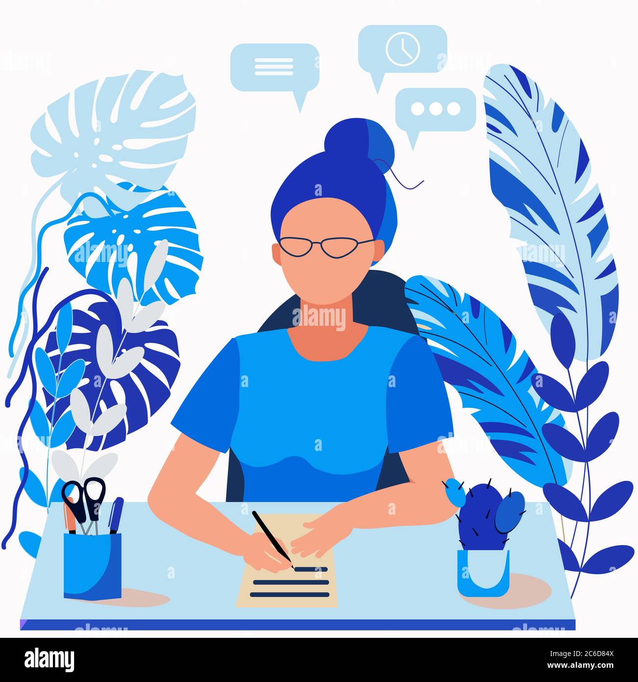 A woman secretary sits at a desk and writes. Work in the office. Office Manager. Assistant director. To solve problems. Stock Vector