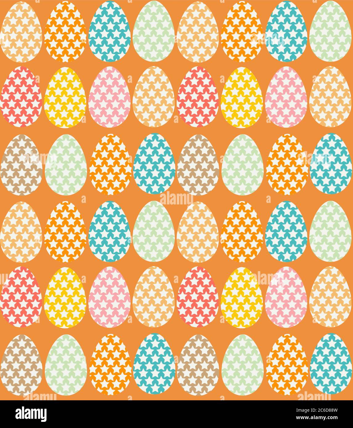 Seamless pattern with multi-coloured Easter eggs decorated with stars. Orange background. Can be used to create cards, invitations, wrapping paper. Sym Stock Vector