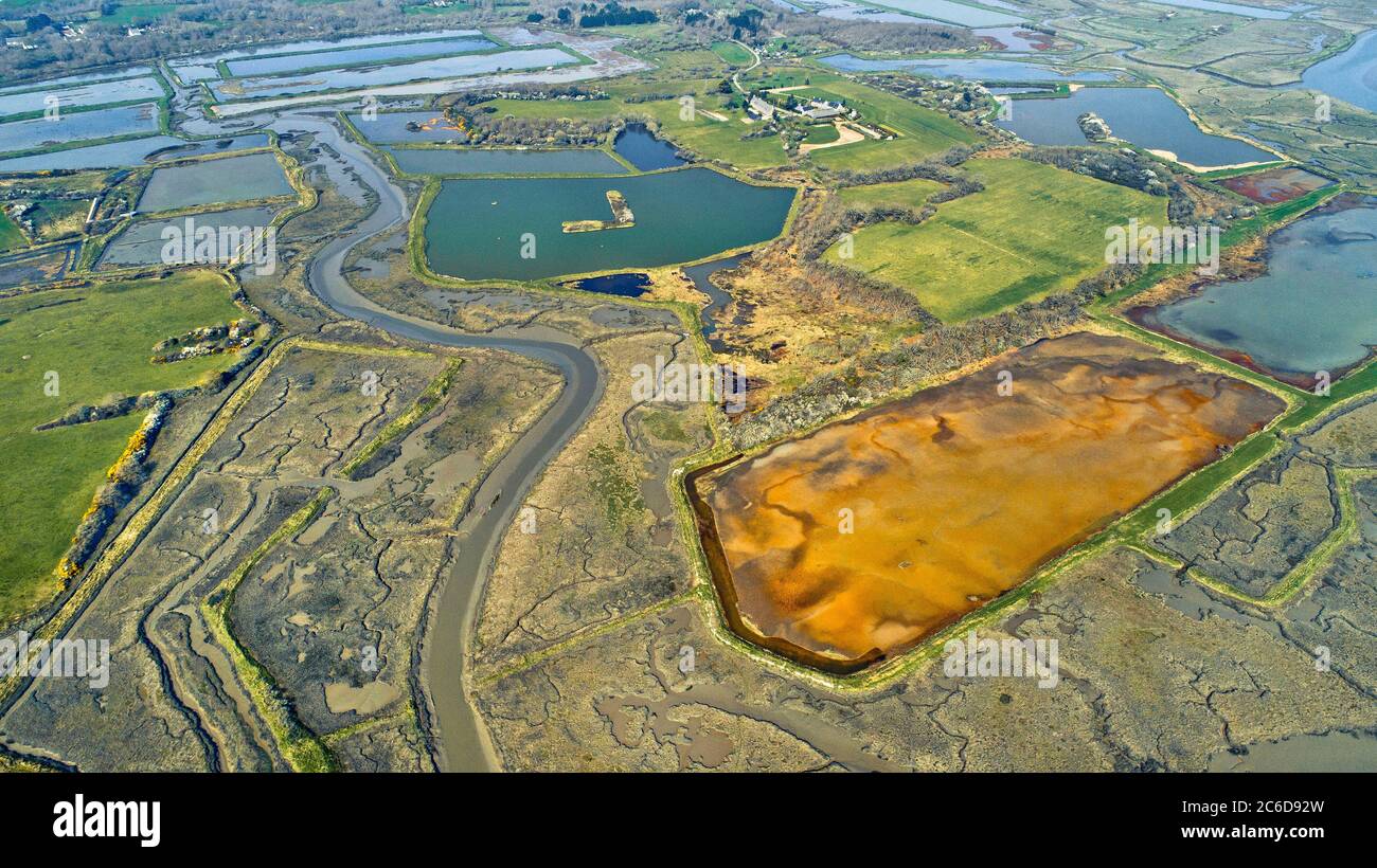 Sene (Brittany, north-western France): aerial view of the former salt marshes, home to the Marais de Sene Nature Reserve, on the Nayalo river, in the Stock Photo