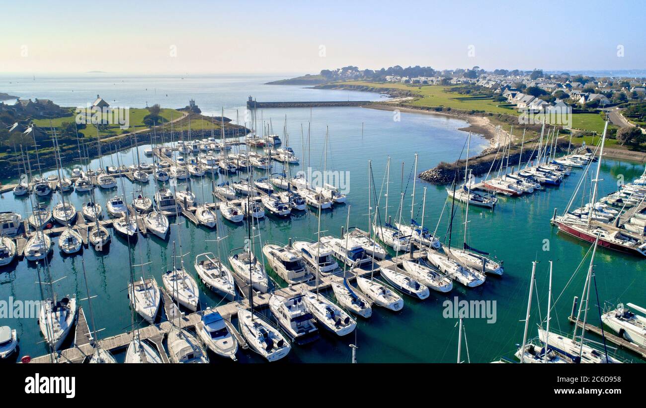 Aerial View of Le Crouesty harbour in Arzon (Brittany, north-western France): sailboats moored at pontoons Stock Photo