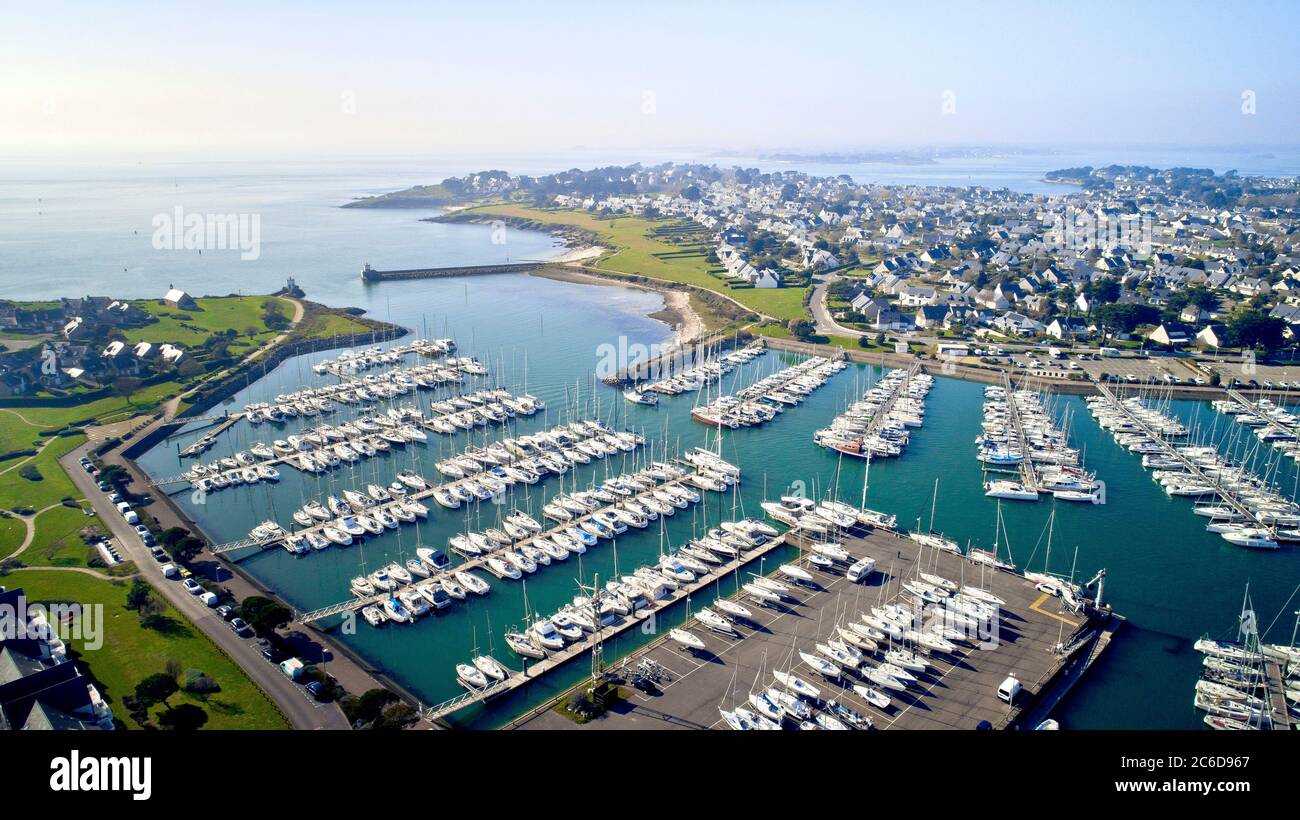 Aerial View of Le Crouesty harbour in Arzon (Brittany, north-western France): sailboats moored at pontoons Stock Photo