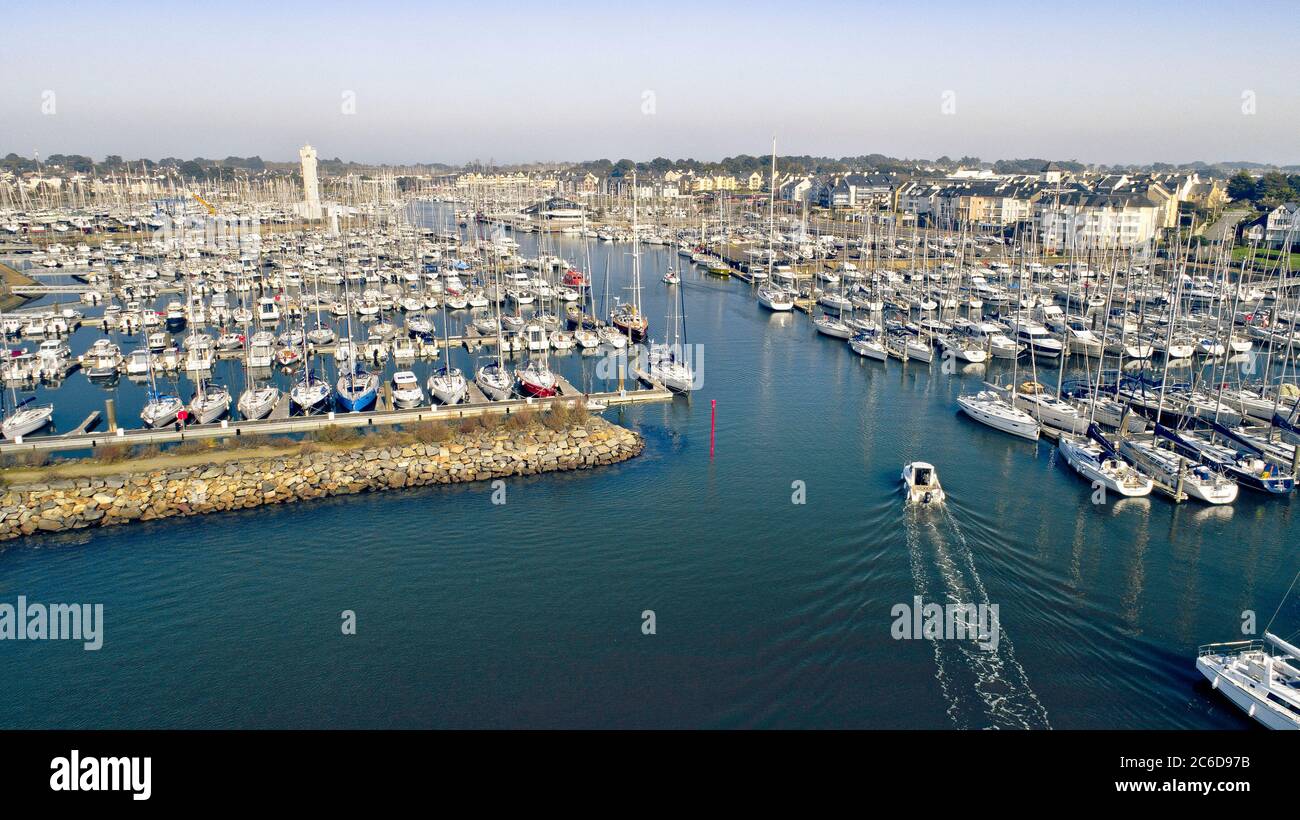 Aerial View of Le Crouesty harbour in Arzon (Brittany, north-western France): sailboats moored at pontoons Stock Photo