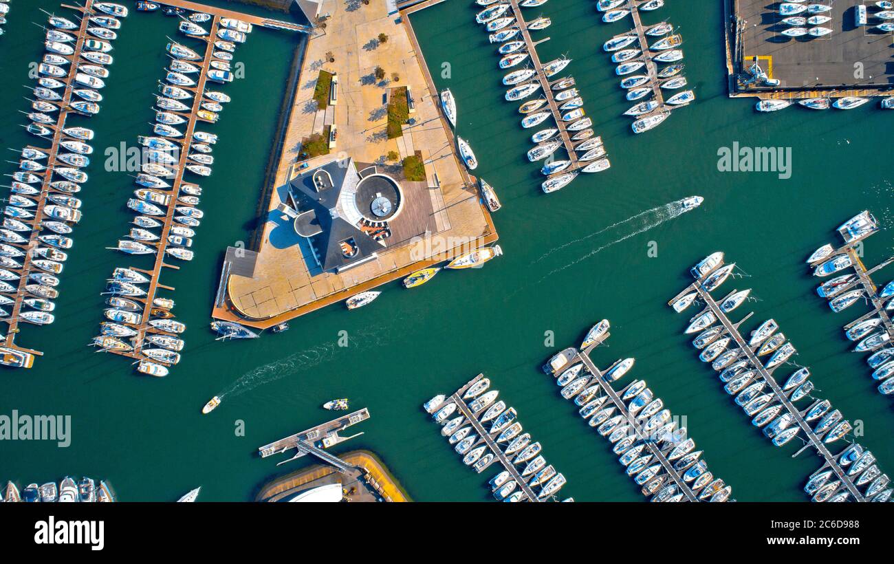 Aerial View of Le Crouesty harbour in Arzon (Brittany, north-western France): sailboats moored at pontoons Stock Photo