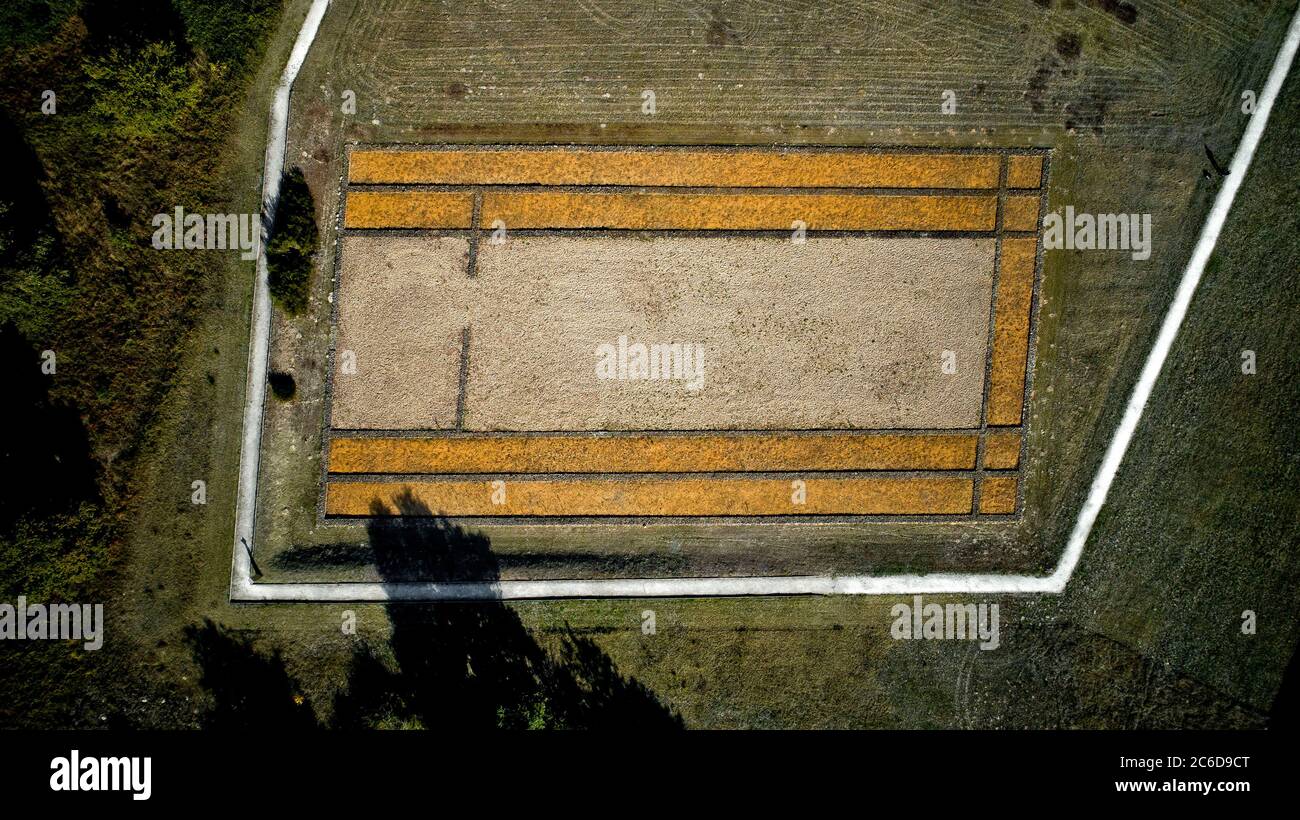 Aubigne-Racan (north-western France): aerial view of the archaeological site of the Gallo-Roman complex of Cherre Remains of the forum Stock Photo