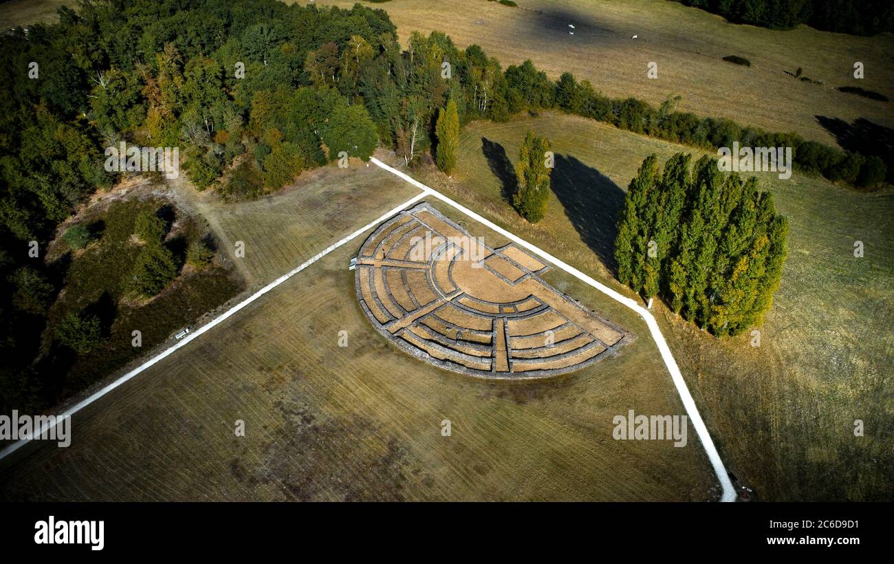 Aubigne-Racan (north-western France): aerial view of the archaeological site of the Gallo-Roman complex of Cherre Remains of the Roman theatre Stock Photo