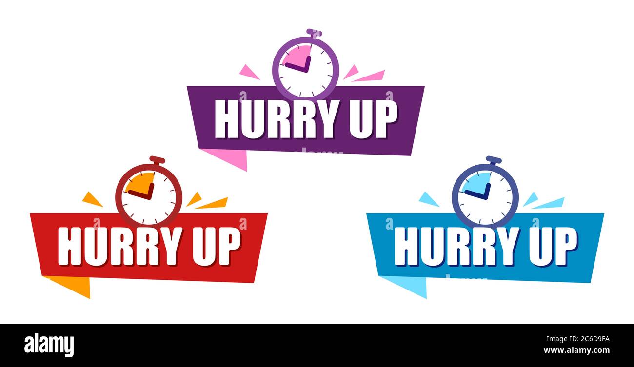 Set ribbon Hurry Up. Color Speech bubble. Label with alarm clock