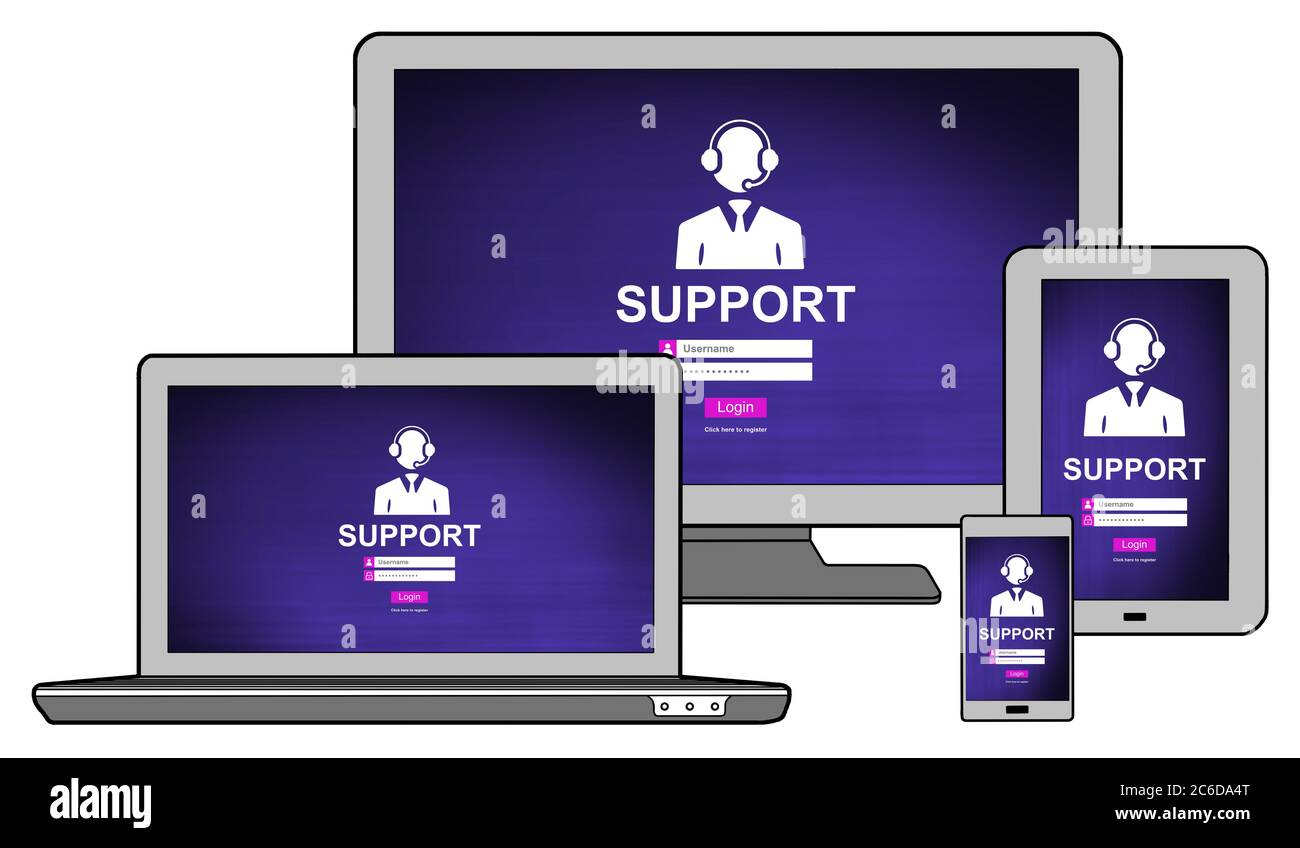 Support concept shown on different information technology devices Stock Photo