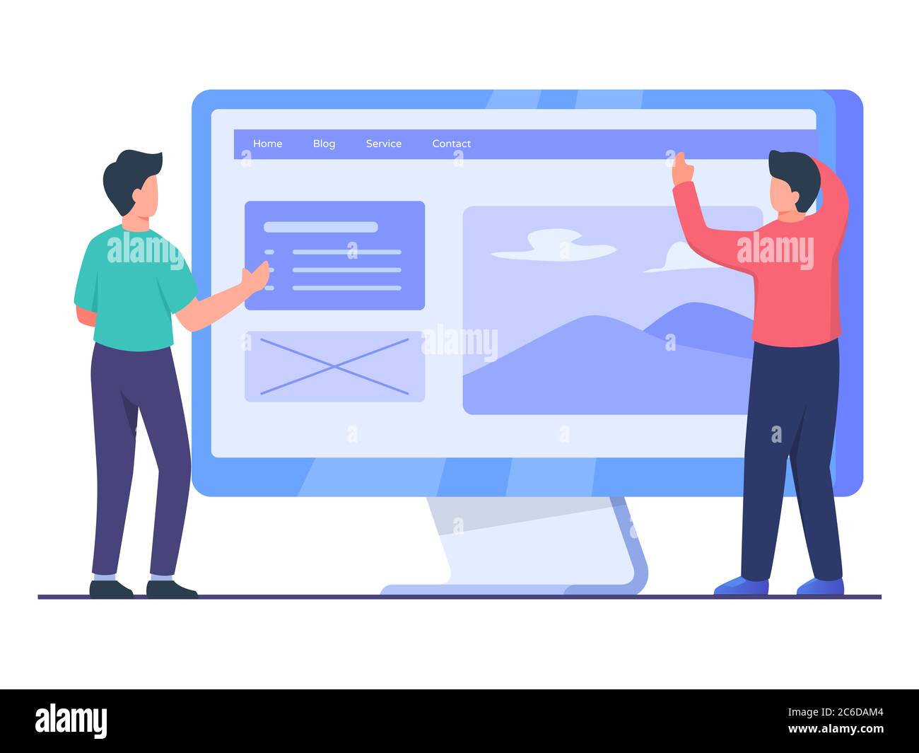 Man designer work collaboration with partner in front big screen computer create good UI website design with flat cartoon style. Stock Vector