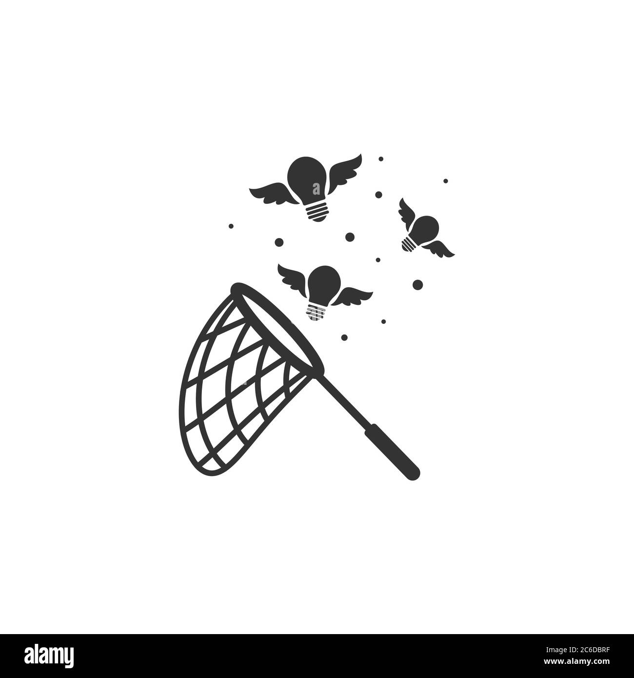 Butterfly net with flying bulbs. Catch, hunt, chase ideas and solutions symbol. Inspiration search concept. creative, innovation, training. Vector ill Stock Vector
