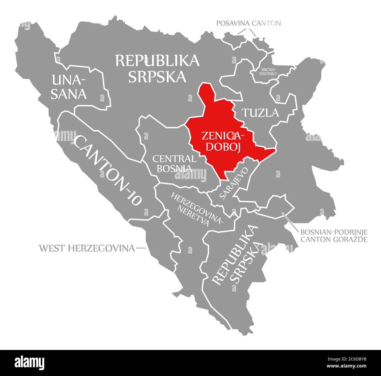 Zenica Doboj red highlighted in map of Bosnia and Herzegovina Stock Photo