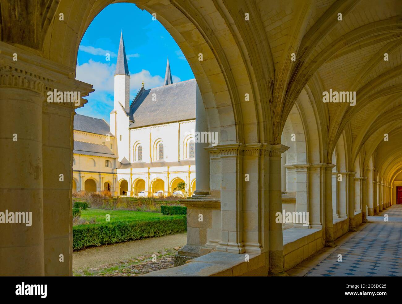 Fontevraud L'Abbey, France, The main cloister of of the Royal Abbey, Stock Photo