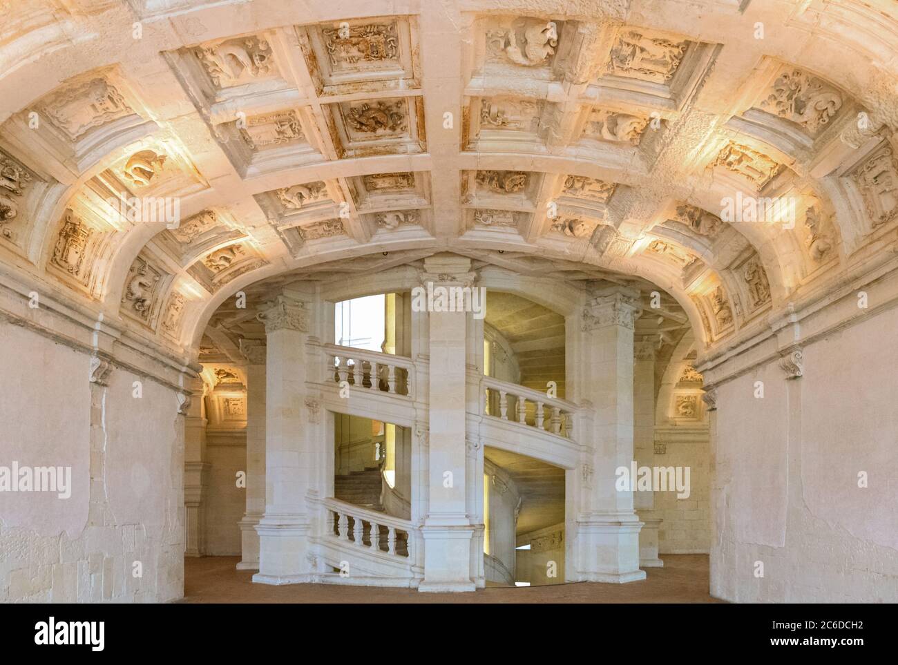Chambord, France, The double helix staircase of the Chambord castle seen from the second floor Stock Photo