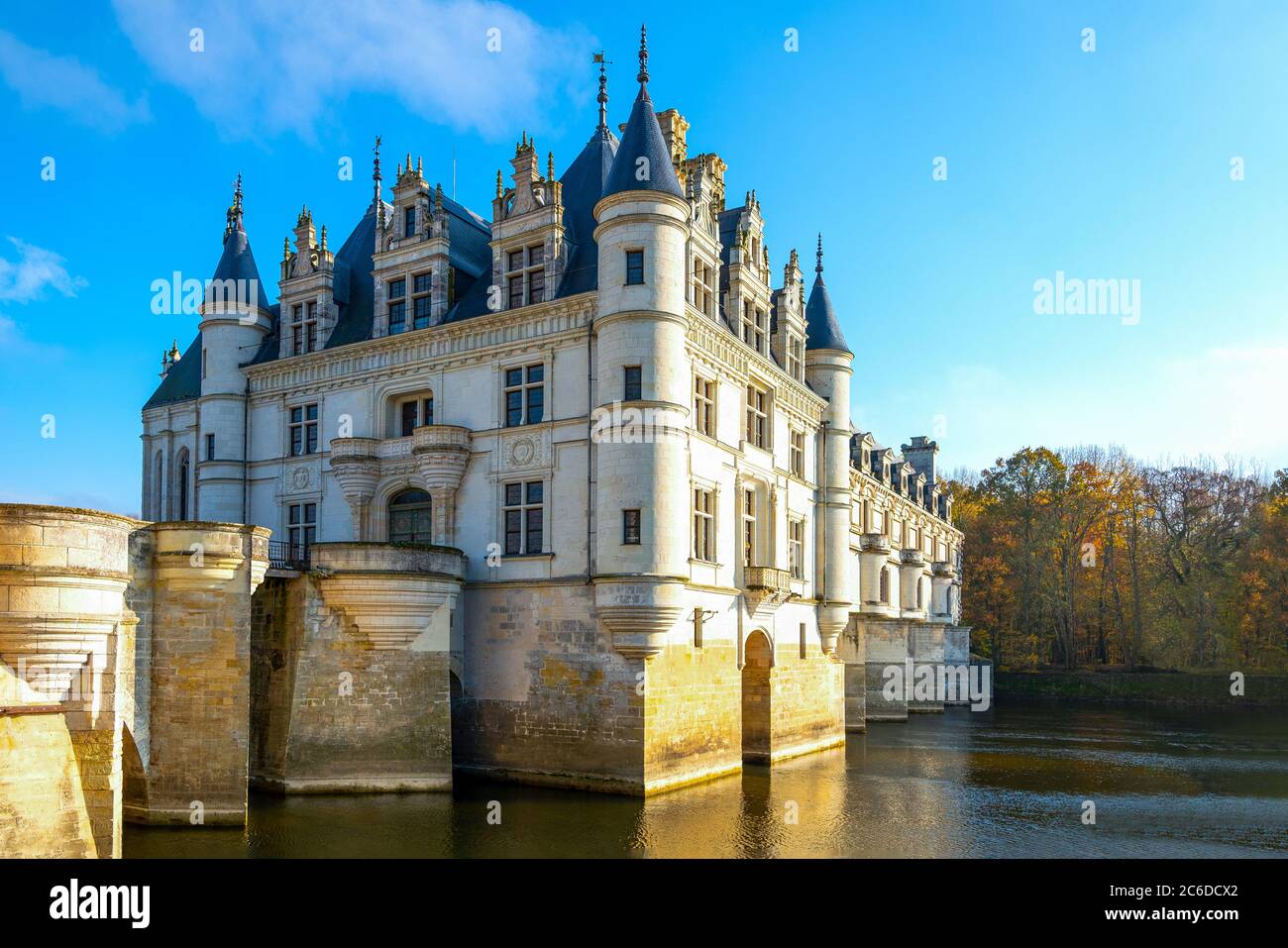 Chenonceaux, France, Side view of the Chenonceau castle over the Cher river Stock Photo