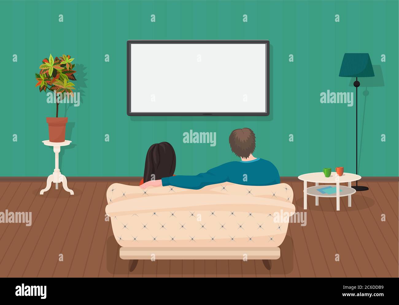 Young family man and women watching TV program together in the living room. Vector illustration Stock Vector