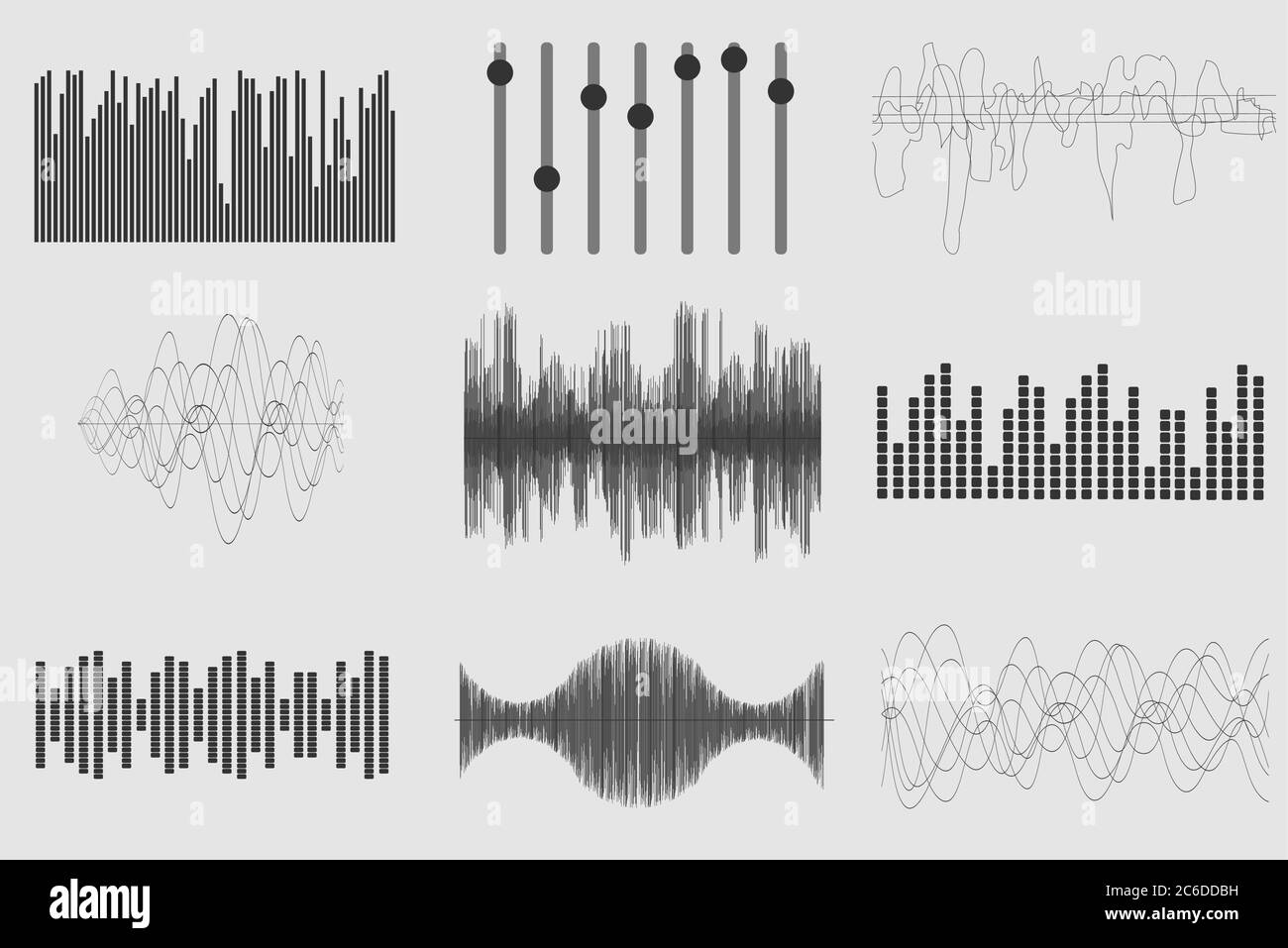 Black sound music waves on white background. Audio technology, visual musical pulse. Vector illustration Stock Vector