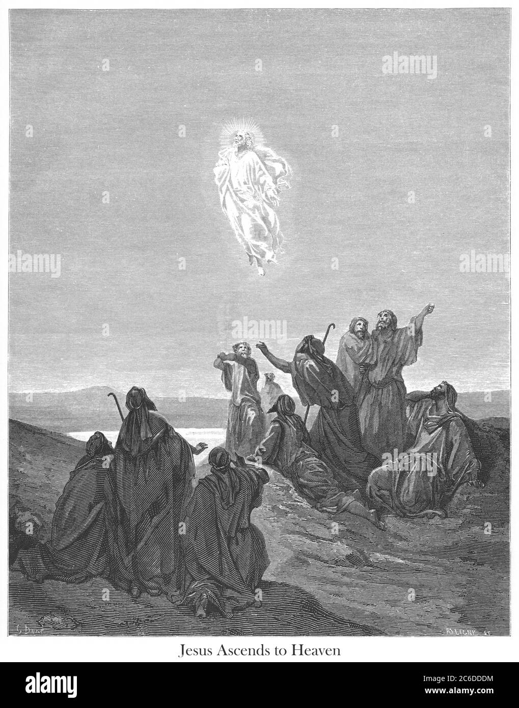 The Ascension (or Jesus ascends to Heaven) [Mark 16:19] From the book 'Bible Gallery' Illustrated by Gustave Dore with Memoir of Dore and Descriptive Letter-press by Talbot W. Chambers D.D. Published by Cassell & Company Limited in London and simultaneously by Mame in Tours, France in 1866 Stock Photo