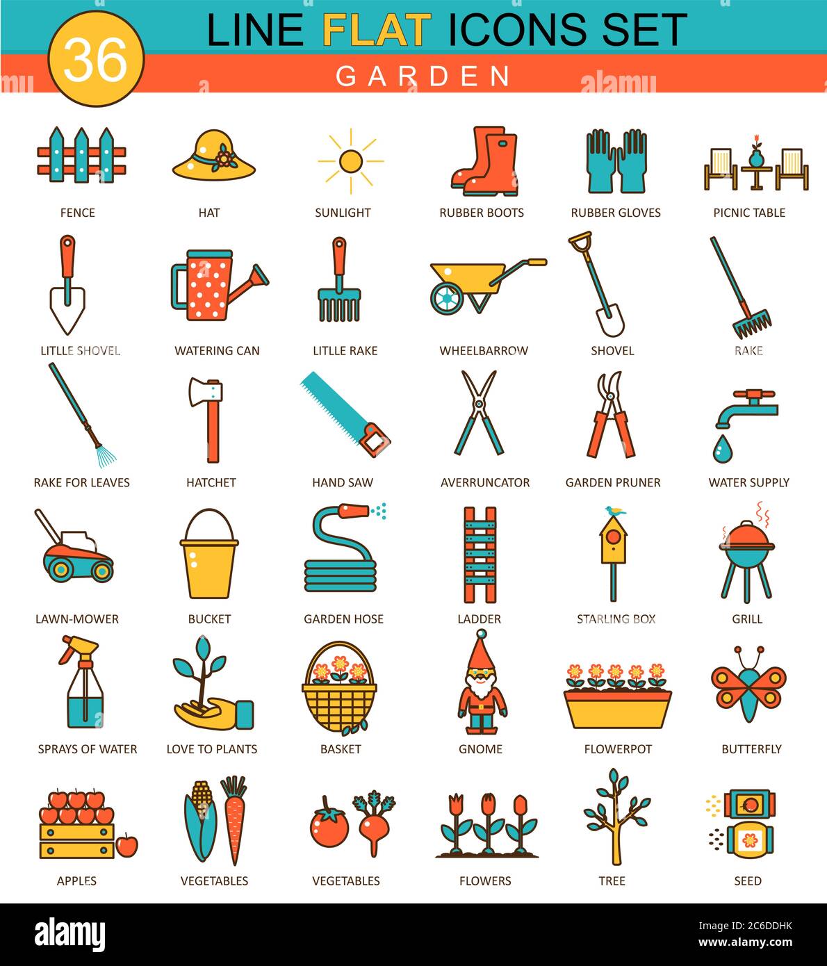 Vector garden tools flat line icon set. Modern elegant style design for web Stock Vector