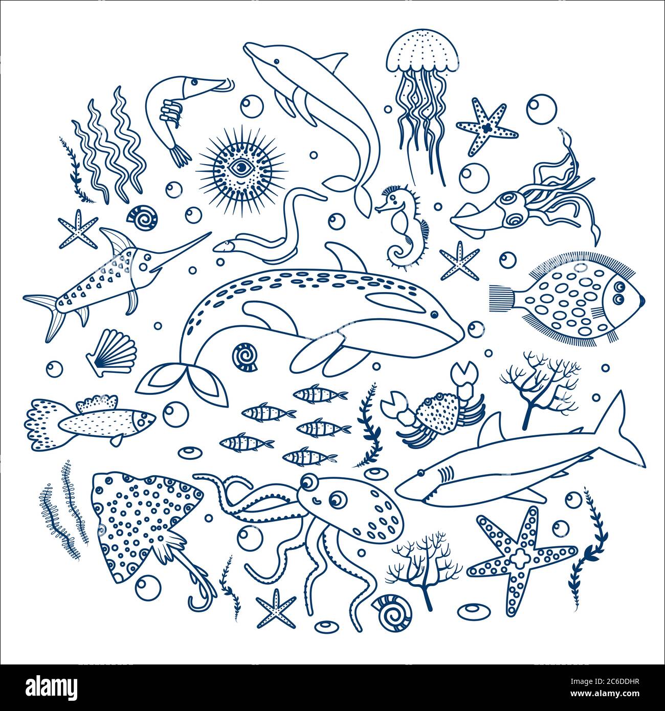 Concept Set of sea animals fish. Outline line Vector illustration