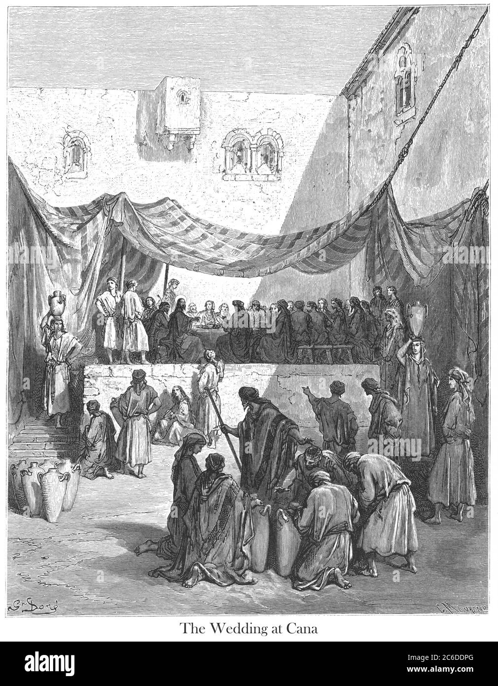 The Marriage at Cana [John 2:5-7] From the book 'Bible Gallery' Illustrated by Gustave Dore with Memoir of Dore and Descriptive Letter-press by Talbot W. Chambers D.D. Published by Cassell & Company Limited in London and simultaneously by Mame in Tours, France in 1866 Stock Photo