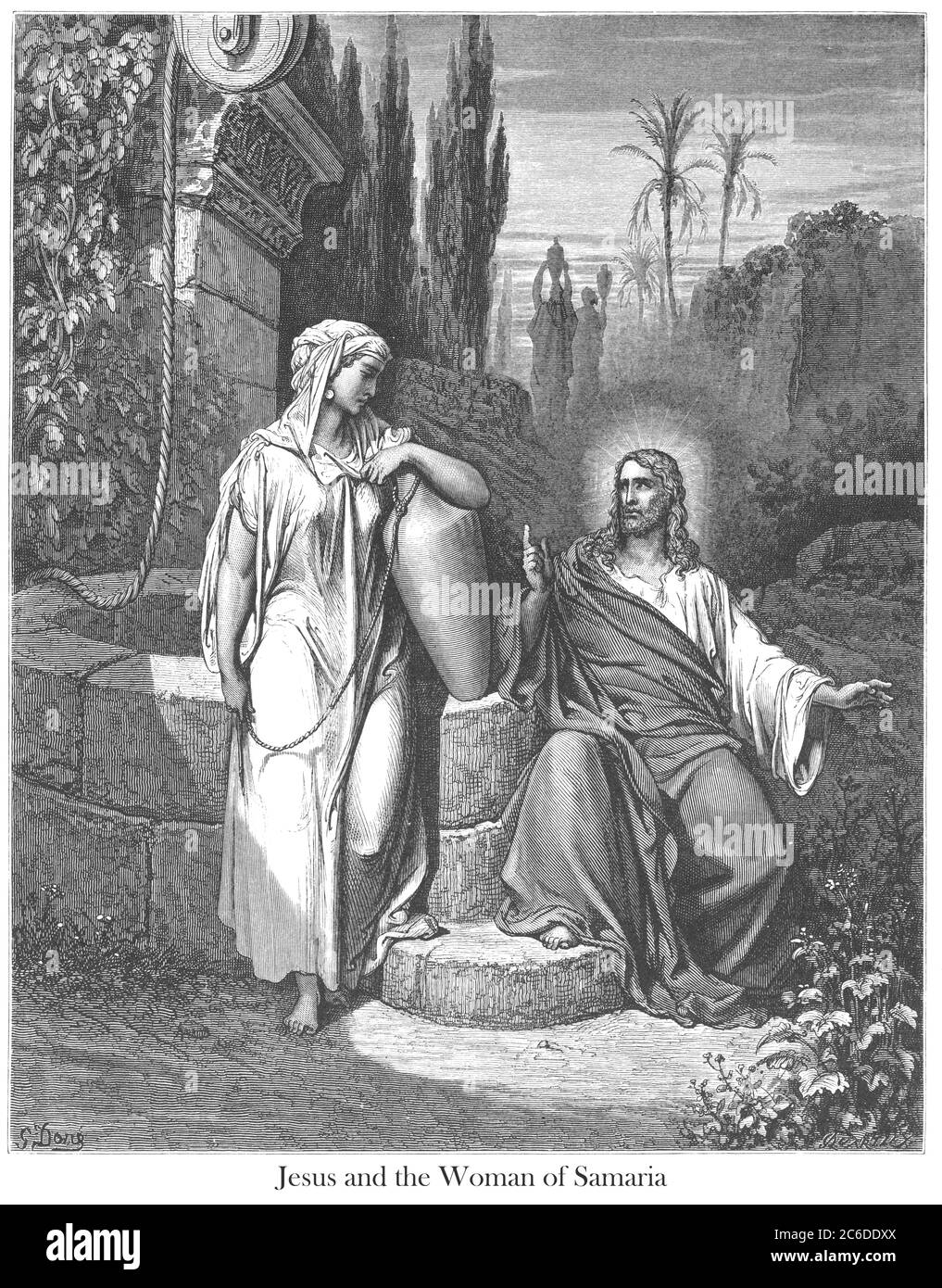 Jesus and the Woman of Samaria [John 4:13-14] From the book 'Bible Gallery' Illustrated by Gustave Dore with Memoir of Dore and Descriptive Letter-press by Talbot W. Chambers D.D. Published by Cassell & Company Limited in London and simultaneously by Mame in Tours, France in 1866 Stock Photo
