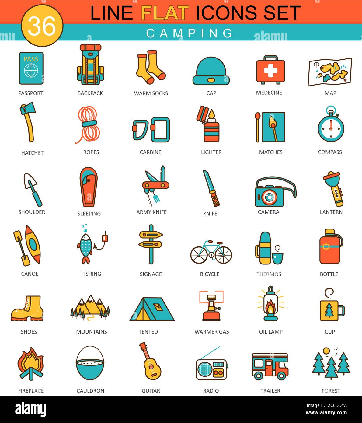Vector Camping flat line icon set. Modern elegant style design for web Stock Vector