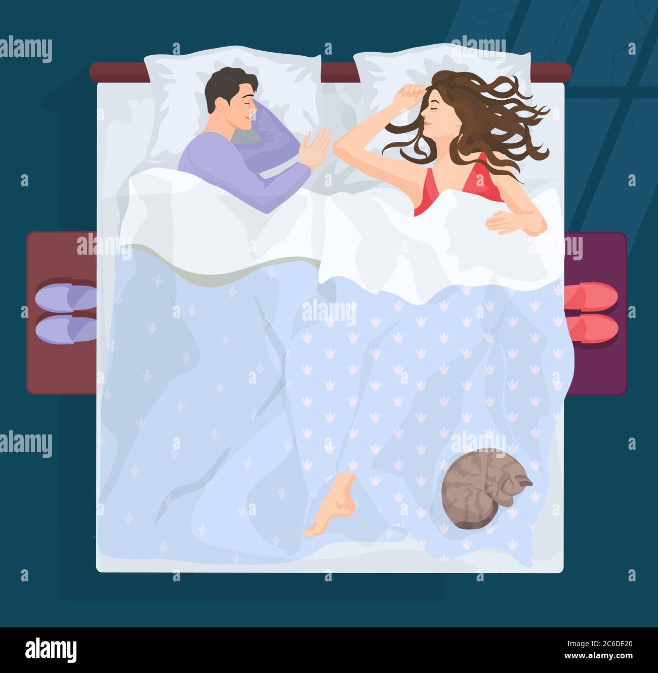 Sleeping man and woman in bad at night near window. Vector illustration