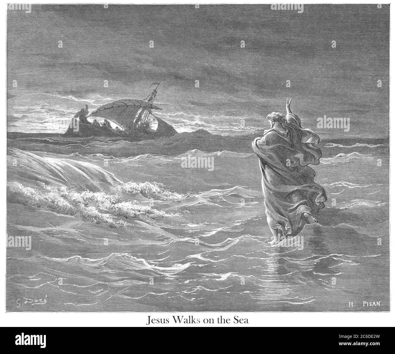 Jesus Walking on the Sea [John 6:19-20] From the book 'Bible Gallery' Illustrated by Gustave Dore with Memoir of Dore and Descriptive Letter-press by Talbot W. Chambers D.D. Published by Cassell & Company Limited in London and simultaneously by Mame in Tours, France in 1866 Stock Photo