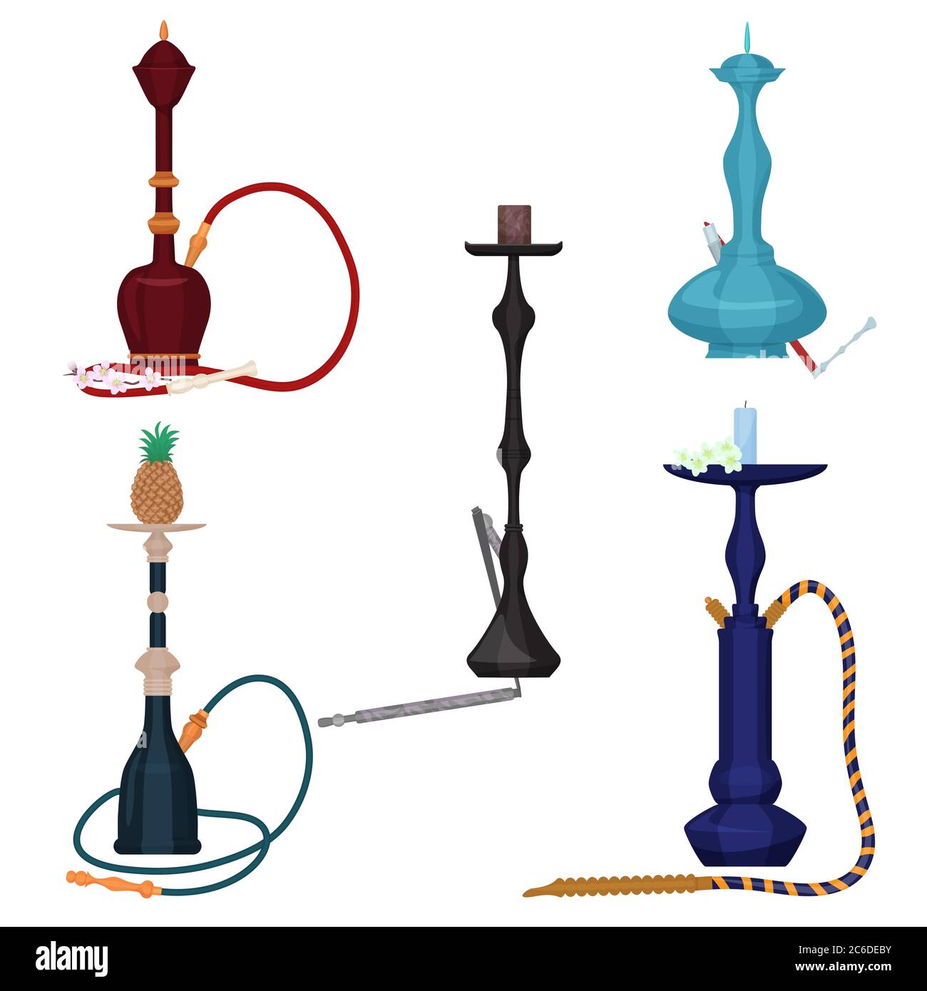 Flat color hookah vector collection set isolated on the white Stock