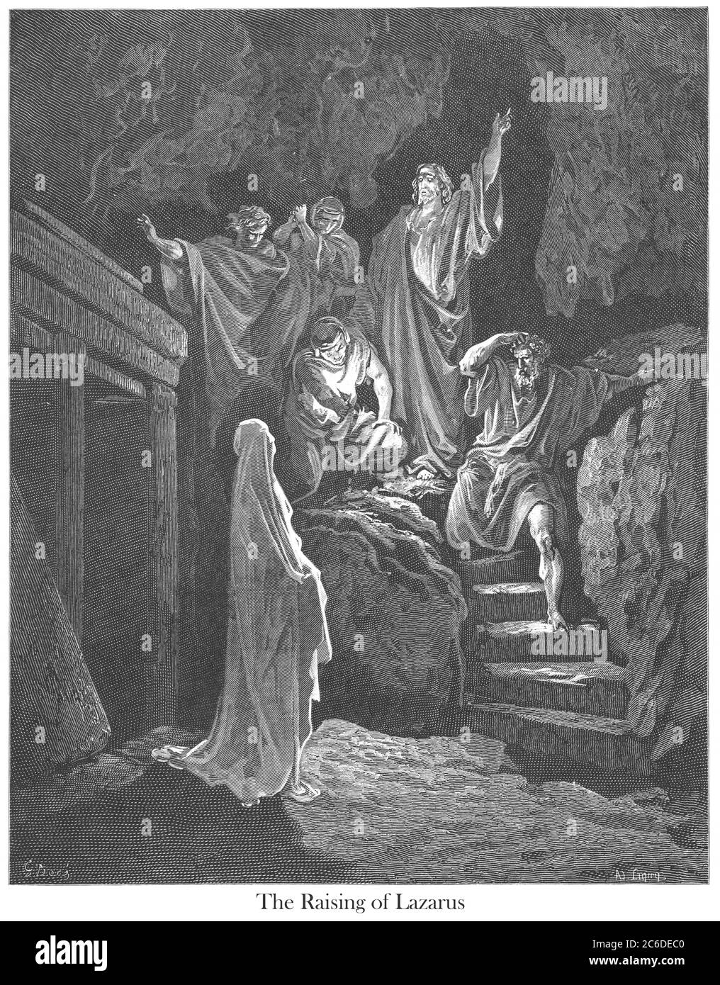 Resurrection of Lazarus [John 11:41-43] From the book 'Bible Gallery' Illustrated by Gustave Dore with Memoir of Dore and Descriptive Letter-press by Talbot W. Chambers D.D. Published by Cassell & Company Limited in London and simultaneously by Mame in Tours, France in 1866 Stock Photo