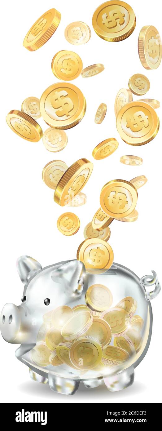 Piggy bank 3d realistic glass in vector on a white background. Coins ...
