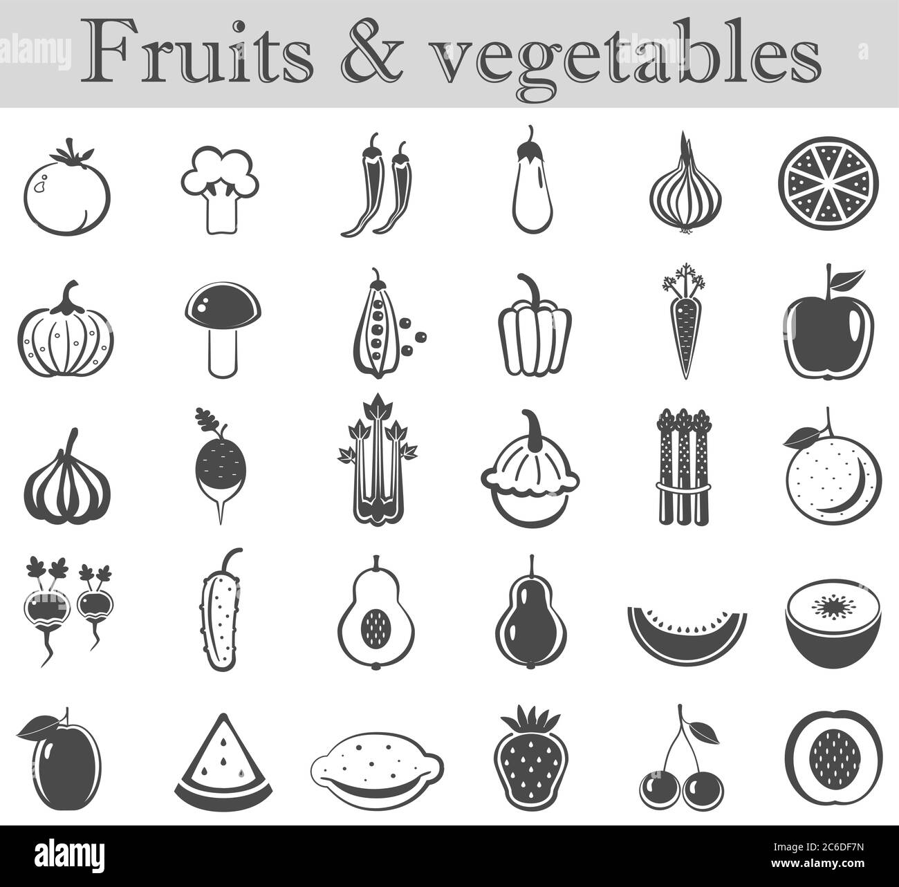 Vector fruits and vegetables black icon set. Dark grey ultra modern icons Stock Vector