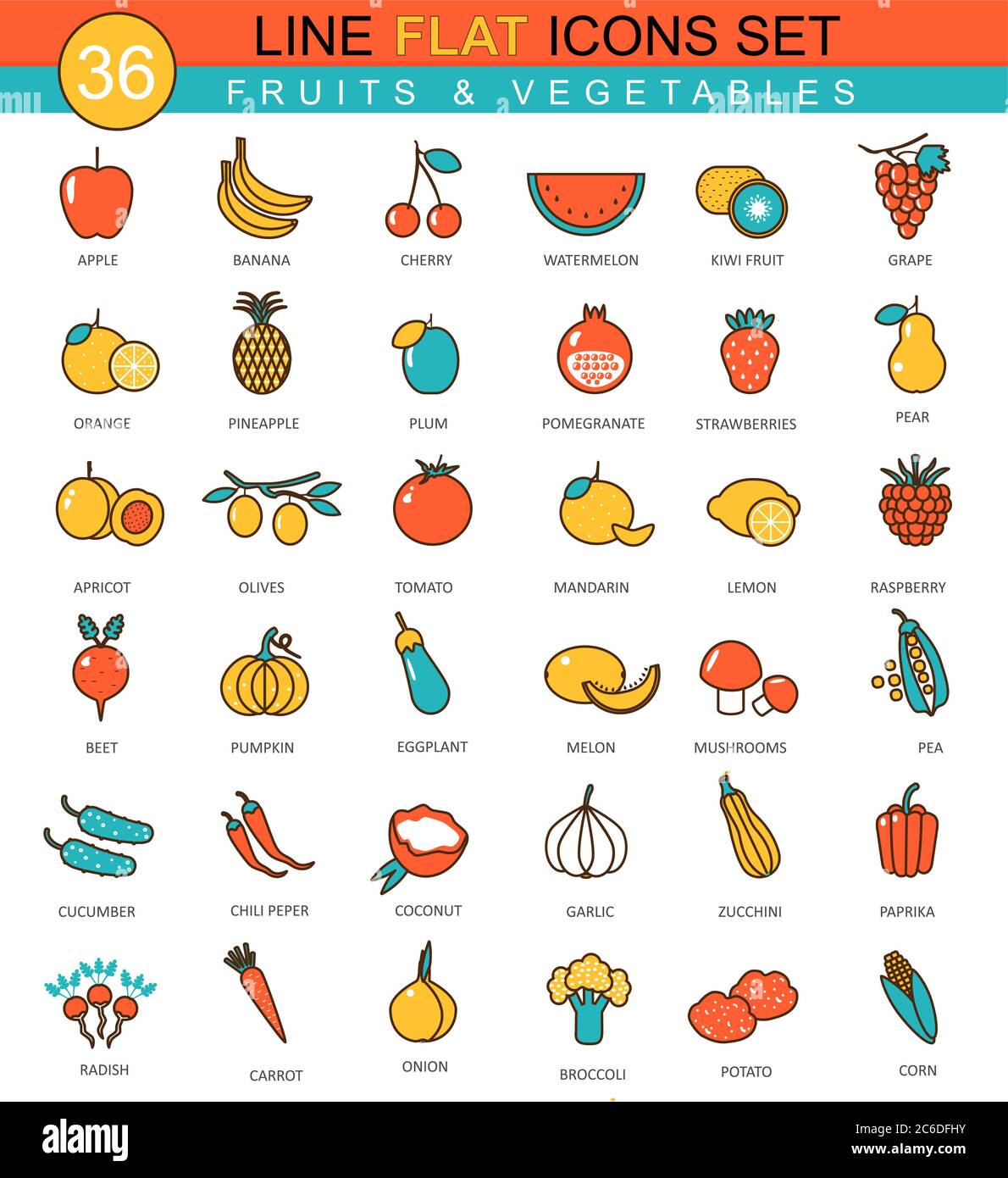 Vector Fruits and vegetables flat line icon set. Modern elegant style ...