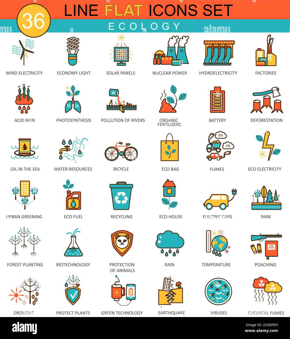 Vector Ecology flat line icon set. Modern elegant style design for web Stock Vector
