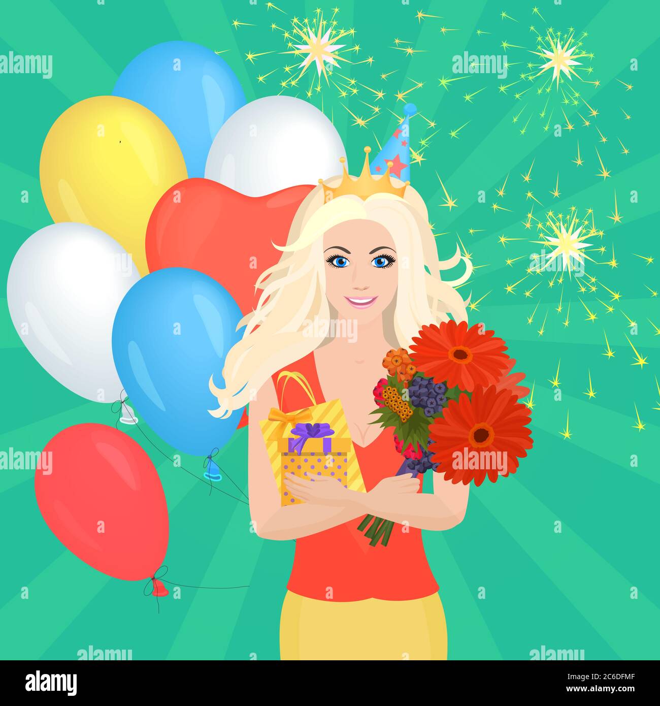 Smiling Pretty blond girl holding Gift Box and flowers. Birthday concept Stock Vector