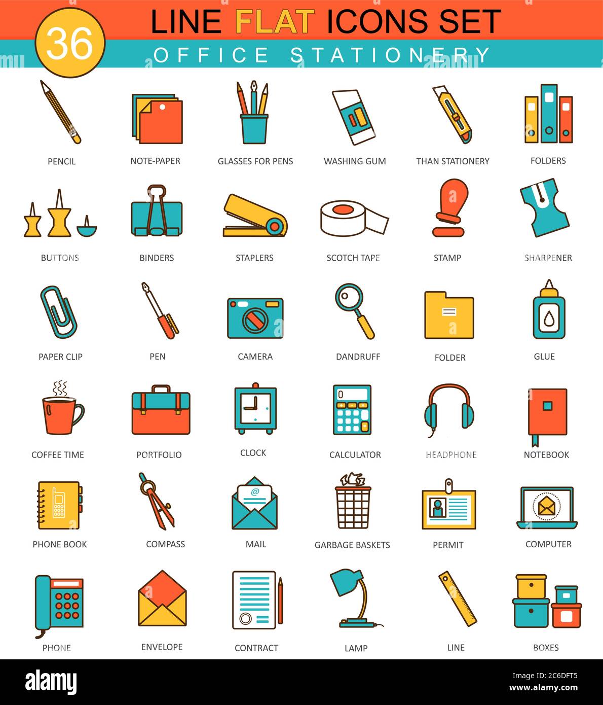 Vector Office stationery flat line icon set. Modern elegant style design for web Stock Vector