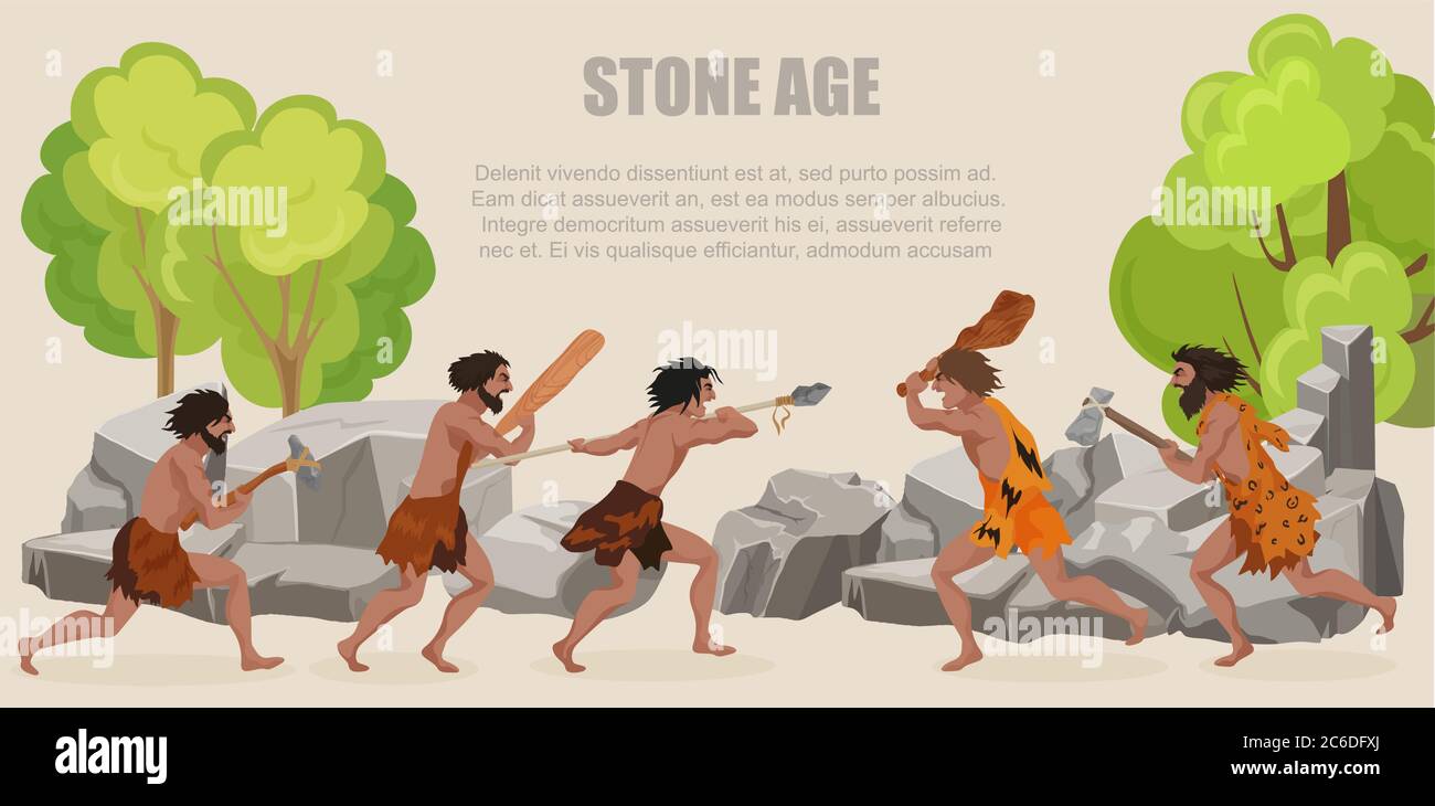 Stone age war primitive men tribes fighting. Barbarian Caveman warrior, ancient man with weapons Stock Vector