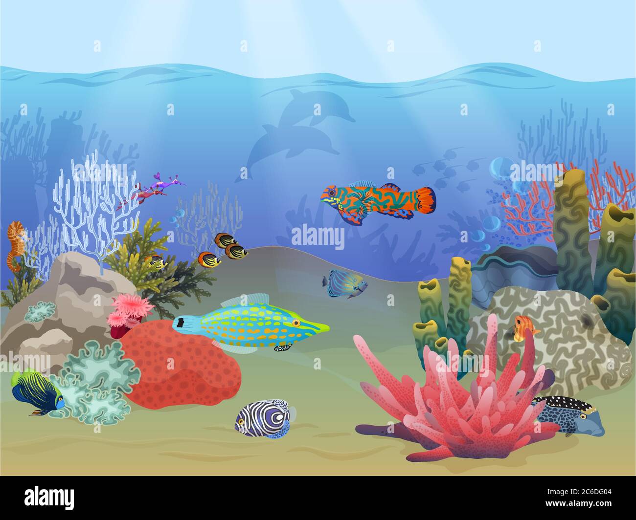 Sea ocean underwater landscape scene with colorful exotic fish, plants and coral reef Stock Vector