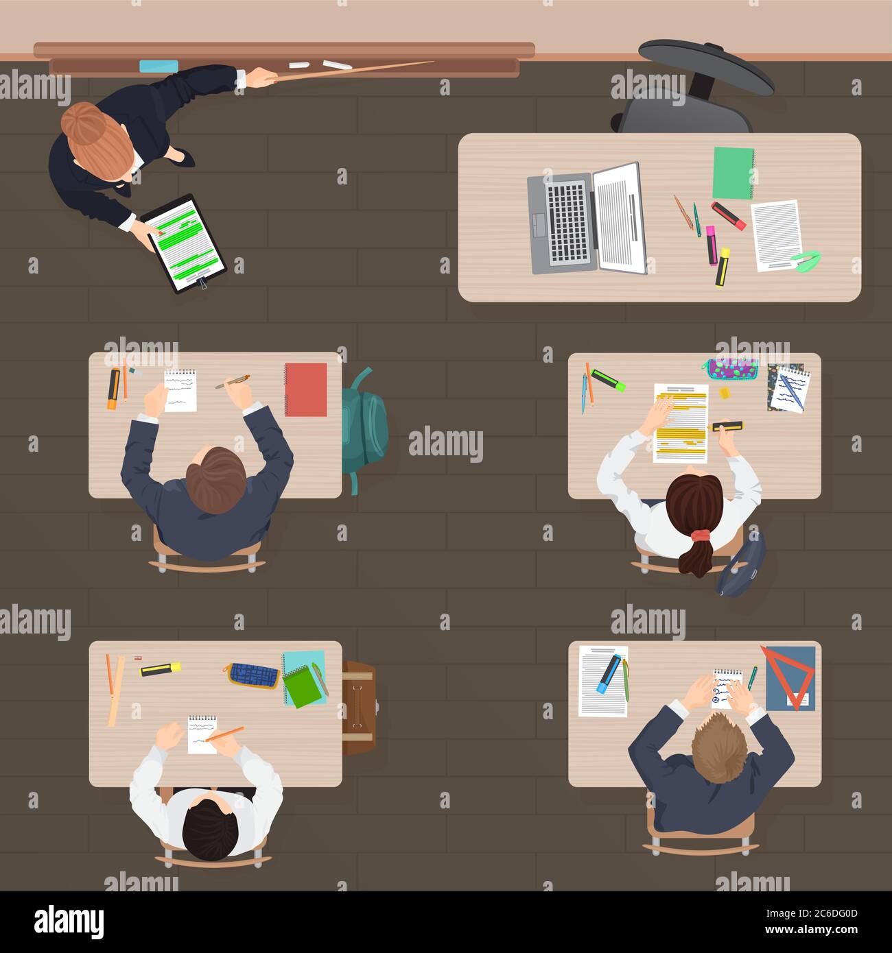 Classroom modern lesson in school, university or college. Flat color design. Top view Stock Vector